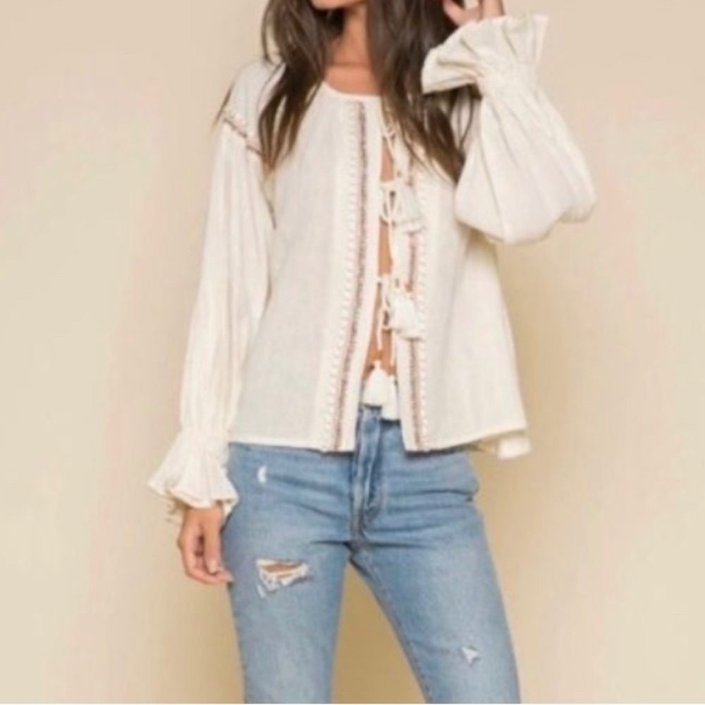 RAGA‎ Cream Embroidered Tassel Tie Front Balloon Sleeve Boho Blouse Small R3216